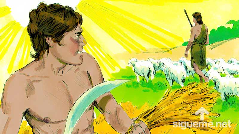 Ilustracion de la historia biblica Cain y Abel salen juntos al campo