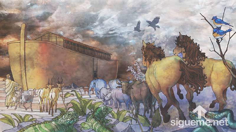 Ilustracion de la historia biblica  Noe hace ingresar a los animales al Arca