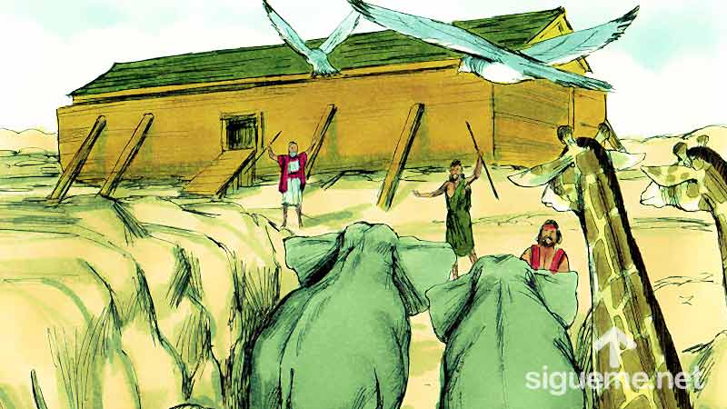 Ilustracion de la historia biblica Los animales van llegando al arca de Noe