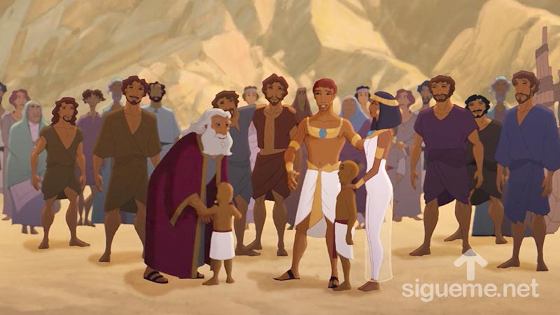Ilustracion de la historia biblica  Reencuentro de Jose, sus hermanos y su padre Jacob en Egipto