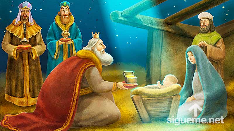 Ilustracion de la historia biblica  Los Reyes Magos adoran al niño Jesús y le ofrecen como regalos, oro, incienso y mirra.