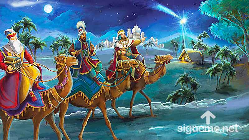 Ilustracion de la historia biblica Los tres Reyes Magos llegan a Belén guiados por una estrella