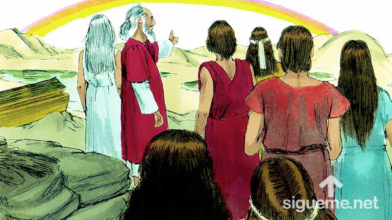 Ilustracion de la historia biblica  Noe y su familia descienden del Arca a tierra firme