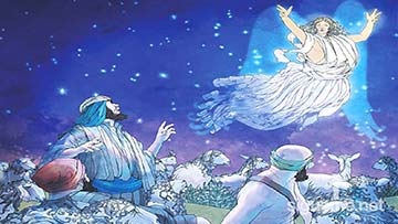 ilustración de: Un Angel anuncia a los pastores de Belén el nacimiento de Jesús en un pesebre