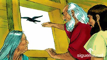 ilustración de: Noe ebvia una paloma desde el arca en busca de tierra firme