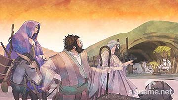 ilustración de: José y María llegan al establo donde dio a luz al niño Jesús
