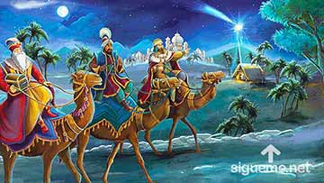 ilustración de: Los tres Reyes Magos llegan a Belén guiados por una estrella